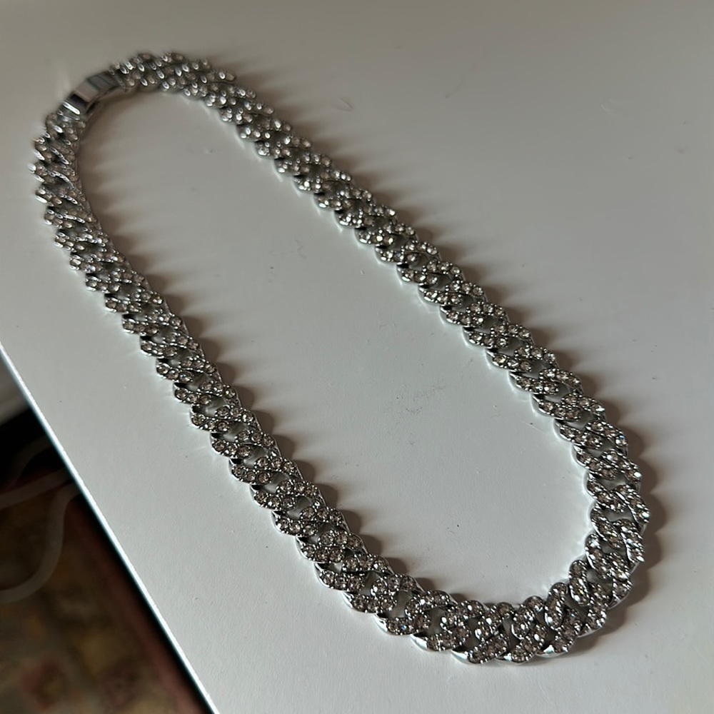 16-inch Silver-tone Rhinestone Pave Cuban Chain Necklace
